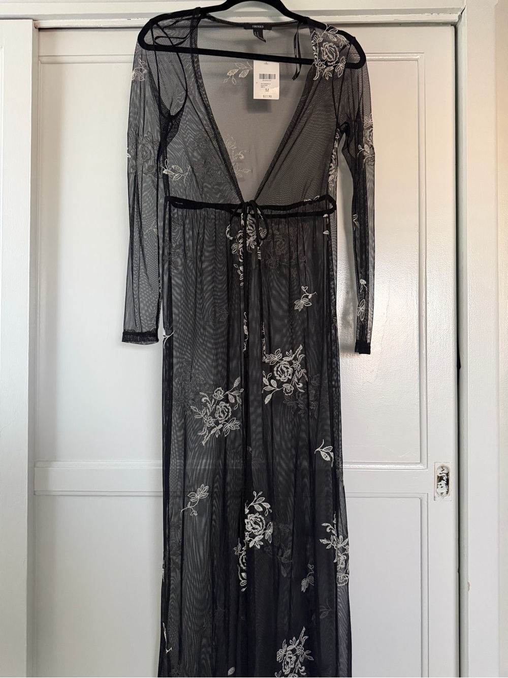 Sheer Black Mesh Maxi Kimono with White Floral Embroidery